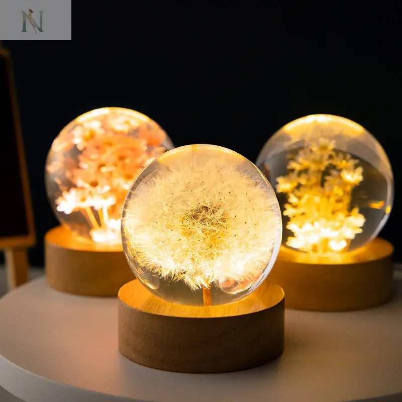 Luminous 3D Dandelion Crystal Ball – Beech Wood Base | Flower Ornament Gift null