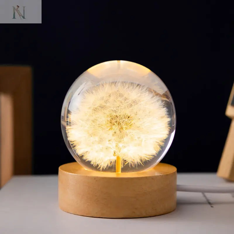 Luminous 3D Dandelion Crystal Ball – Beech Wood Base | Flower Ornament Gift null