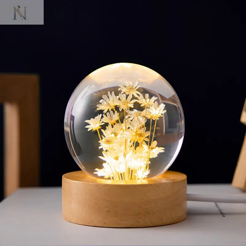 Luminous 3D Dandelion Crystal Ball – Beech Wood Base | Flower Ornament Gift null