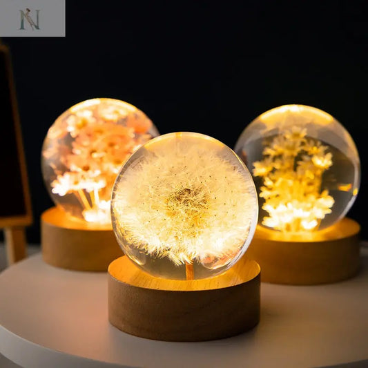 Luminous 3D Dandelion Crystal Ball – Beech Wood Base | Flower Ornament Gift null