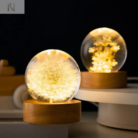Luminous 3D Dandelion Crystal Ball – Beech Wood Base | Flower Ornament Gift null